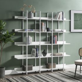 5 Tier Bookcase Home Office Open Bookshelf, Vintage Industrial Style Shelf with Metal Frame, MDF Board (Color: White)